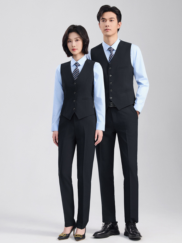 Унисекс комплект жилет и костюм, бизнес формален стил, еднообортен с два копчета, свободен силует, полиестер 70,4%
