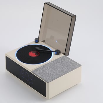 Vinilni player s Bluetooth zvučnikom i budilicom, USB napajanje, frekvencijski odziv 100 Hz–20 kHz, SNR ≥70 dB, IPX7 vodootpornost, ugrađena baterija 300–500 mAh