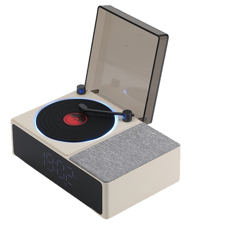 Vinilni player s Bluetooth zvučnikom i budilicom, USB napajanje, frekvencijski odziv 100 Hz–20 kHz, SNR ≥70 dB, IPX7 vodootpornost, ugrađena baterija 300–500 mAh