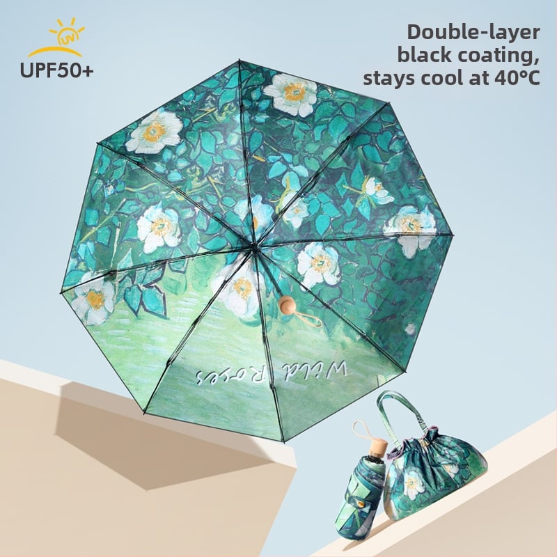 Ομπρέλα ήλίου με πέντε πτυχές, διπλή χρήση ήλιος-βροχή, UPF >50, ύφασμα pongee 210T με μαύρη επίστρωση, 8 ράβδοι