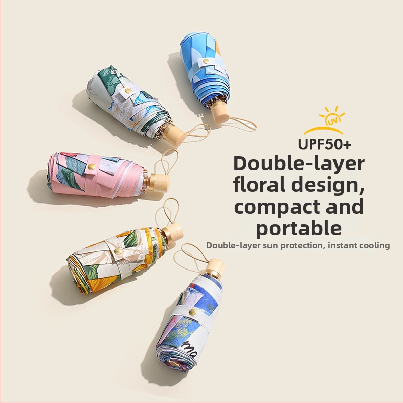 Ομπρέλα ήλίου με πέντε πτυχές, διπλή χρήση ήλιος-βροχή, UPF >50, ύφασμα pongee 210T με μαύρη επίστρωση, 8 ράβδοι