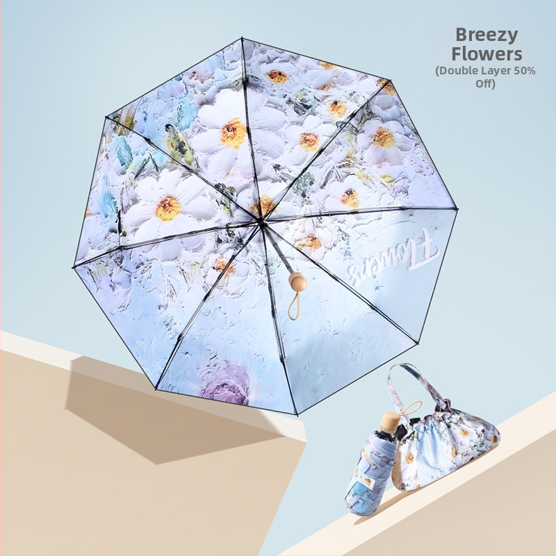 Ομπρέλα ήλίου με πέντε πτυχές, διπλή χρήση ήλιος-βροχή, UPF >50, ύφασμα pongee 210T με μαύρη επίστρωση, 8 ράβδοι