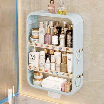 Стенно монтирана полица за баня за козметика, без пробиване, PP материал, модел 8543