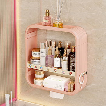 Стенно монтирана полица за баня за козметика, без пробиване, PP материал, модел 8543