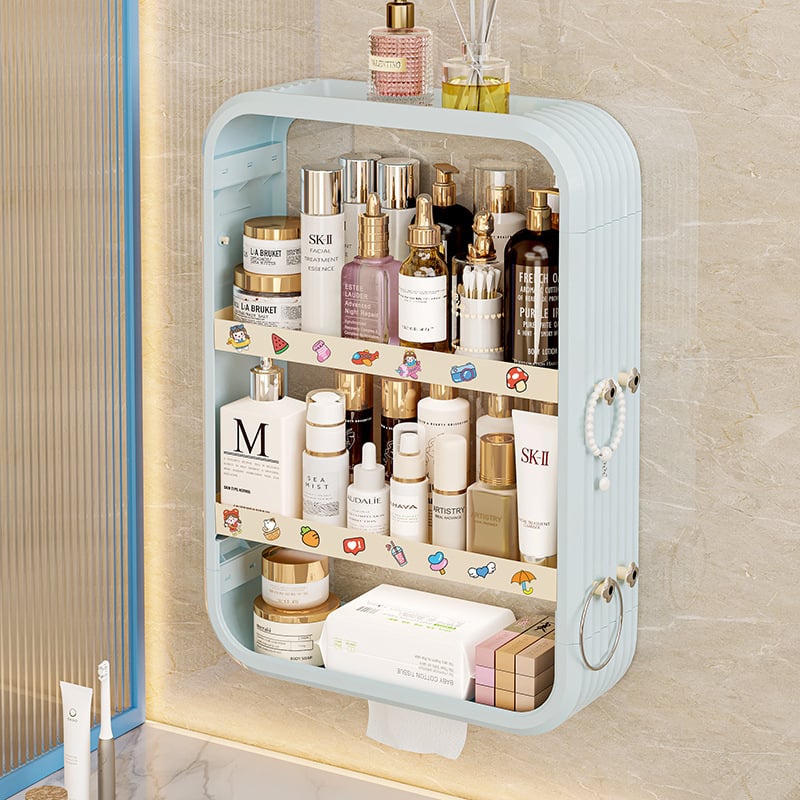 Стенно монтирана полица за баня за козметика, без пробиване, PP материал, модел 8543