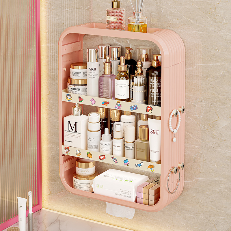 Стенно монтирана полица за баня за козметика, без пробиване, PP материал, модел 8543