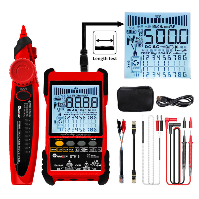 Tooltop ET616/ET618 hálózati kábelkereső és multiméter - kettő az egyben, 500 m kábelhossz mérése