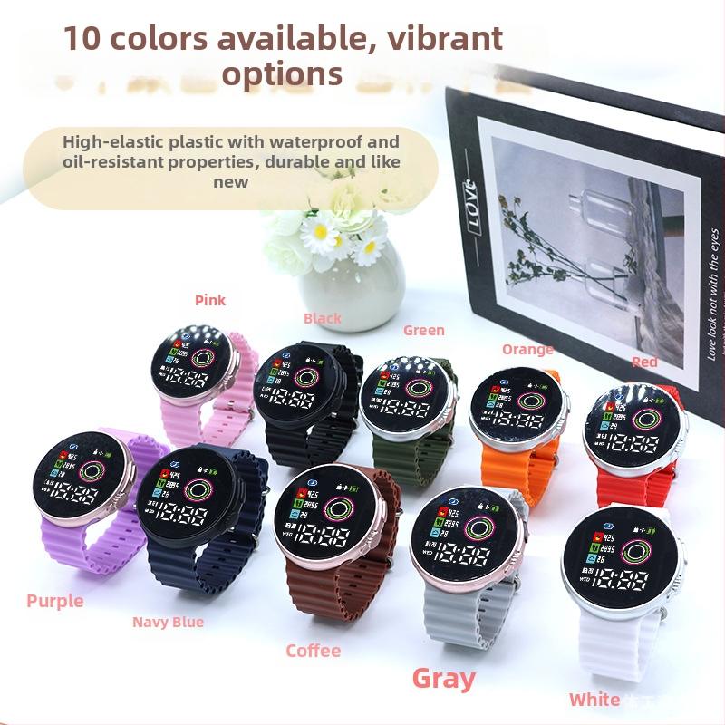 Elektronické hodinky na vonkajšie športy so štvorcovým ciferníkom, číslicový displej, elektronický pohon, plastové puzdro a plastový remienok