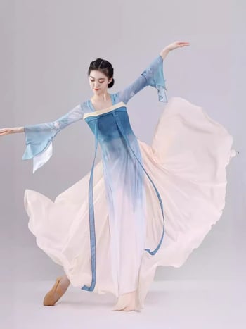 Γυναικές φόρεμα κινεζικού κλασσικού χορου, εμπνευσμένο απο Hanfu, μακριά διαφανής επικάλυψη με κορδέλες στο στήθος (Πολυεστερικό ύφασμα; 90–95% πολυεστέρας; Γυναίκες; Hanfu; Άνοιξη 2024)