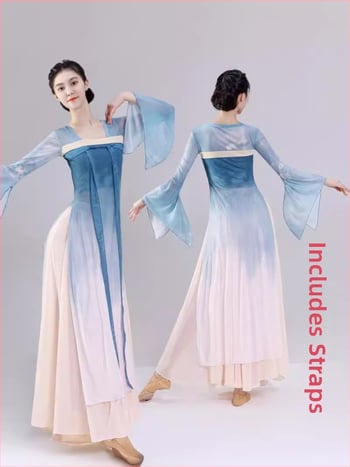 Γυναικές φόρεμα κινεζικού κλασσικού χορου, εμπνευσμένο απο Hanfu, μακριά διαφανής επικάλυψη με κορδέλες στο στήθος (Πολυεστερικό ύφασμα; 90–95% πολυεστέρας; Γυναίκες; Hanfu; Άνοιξη 2024)