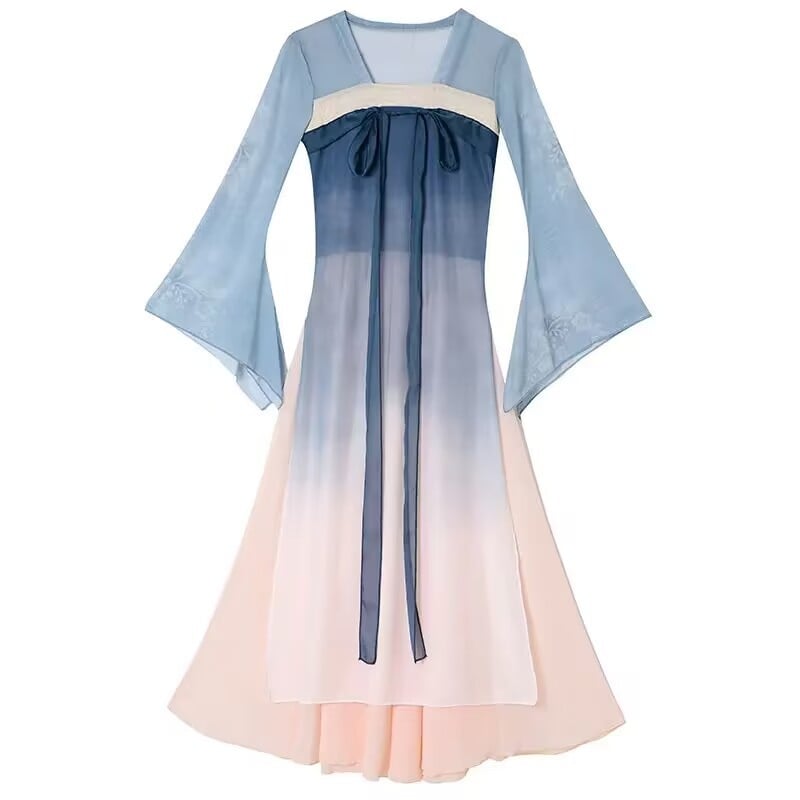 Γυναικές φόρεμα κινεζικού κλασσικού χορου, εμπνευσμένο απο Hanfu, μακριά διαφανής επικάλυψη με κορδέλες στο στήθος (Πολυεστερικό ύφασμα; 90–95% πολυεστέρας; Γυναίκες; Hanfu; Άνοιξη 2024)