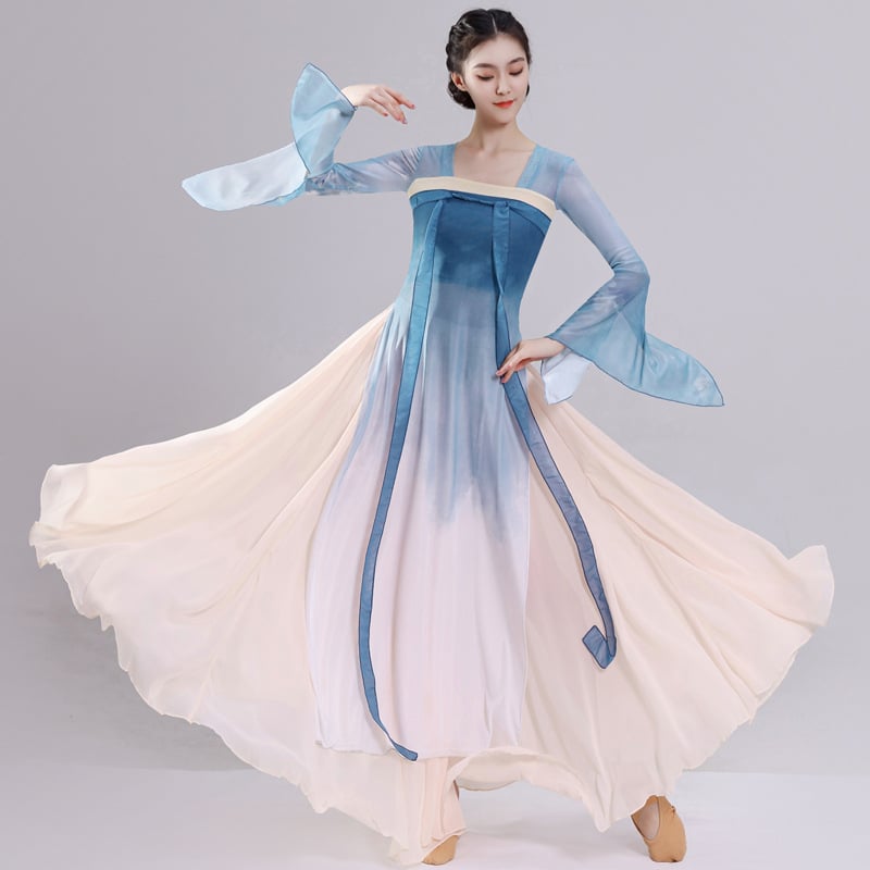Γυναικές φόρεμα κινεζικού κλασσικού χορου, εμπνευσμένο απο Hanfu, μακριά διαφανής επικάλυψη με κορδέλες στο στήθος (Πολυεστερικό ύφασμα; 90–95% πολυεστέρας; Γυναίκες; Hanfu; Άνοιξη 2024)