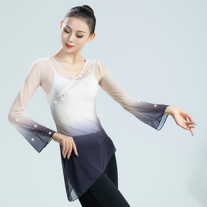 Γυναικείο τοπ μοντέρνου χορού από διχτυωτό ύφασμα, μακρύ μανίκι, ελαστικό ύφασμα Nylon-Spandex (95% Nylon, 5% Spandex), επένδυση πολυεστέρα, κατάλληλο για σκηνή και λαϊκούς χορούς