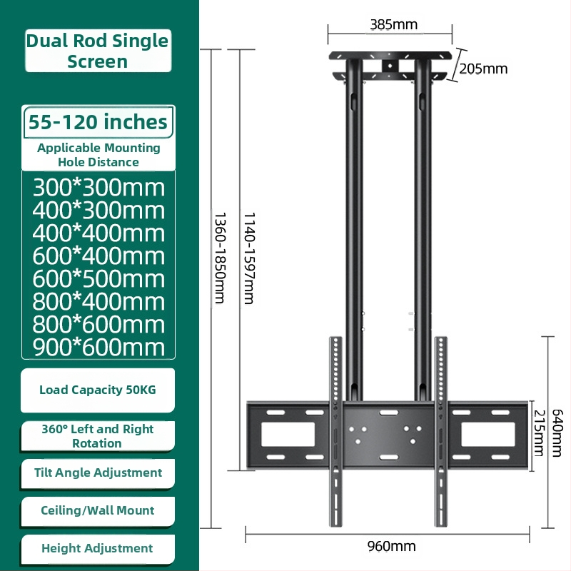 Mennyezeti TV-tartó többképernyős kijelzőkhöz, vas keret, falra szerelhető, 15 kg-ig terhelhető, univerzális mindent-in-egyben kiegészítő