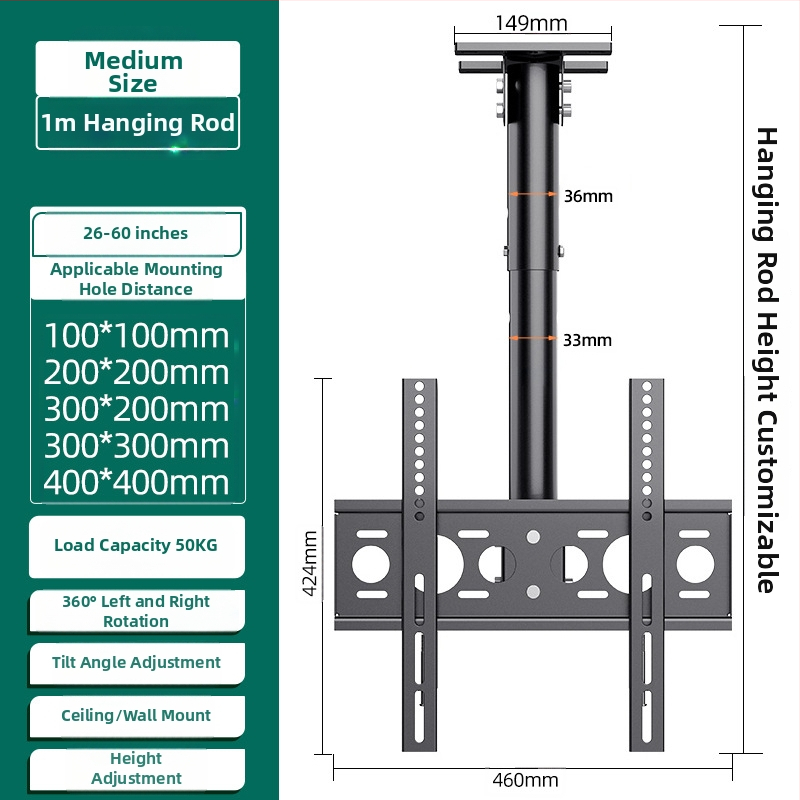 Mennyezeti TV-tartó többképernyős kijelzőkhöz, vas keret, falra szerelhető, 15 kg-ig terhelhető, univerzális mindent-in-egyben kiegészítő
