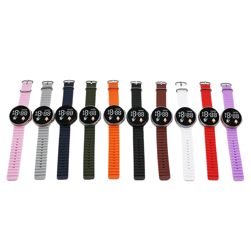 Digitális kijelzős karóra diákoknak és tiniknek, kör alakú számlap, műanyag tok, műanyag szíj, elektronikus mozgás