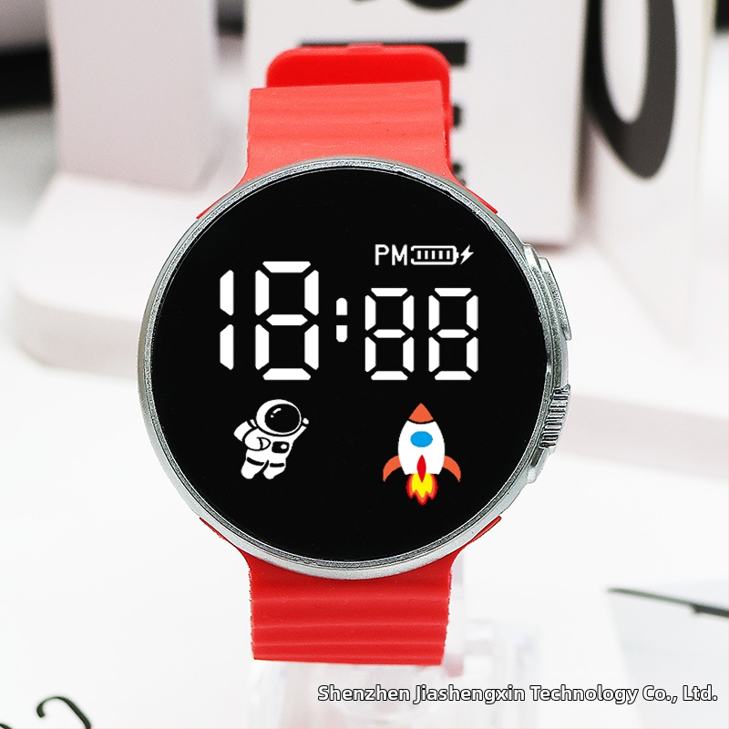 Digitálne hodinky pre študentov a tínedžerov, kruhový ciferník, plastové puzdro, plastový remienok, elektronický pohon