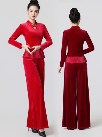 Βελούδινο κοστούμι τετράγωνου χορού για γυναίκες, μακριά μανίκια και παντελόνια, ενισχυμένος σχεδιασμός για το σχήμα σώματος, 90% πολυεστέρας με επένδυση βισκόζης