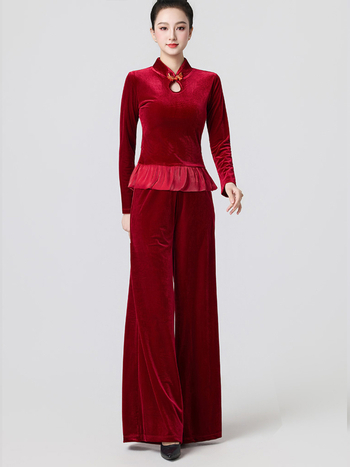 Βελούδινο κοστούμι τετράγωνου χορού για γυναίκες, μακριά μανίκια και παντελόνια, ενισχυμένος σχεδιασμός για το σχήμα σώματος, 90% πολυεστέρας με επένδυση βισκόζης