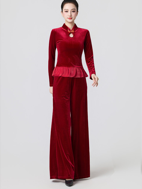 Βελούδινο κοστούμι τετράγωνου χορού για γυναίκες, μακριά μανίκια και παντελόνια, ενισχυμένος σχεδιασμός για το σχήμα σώματος, 90% πολυεστέρας με επένδυση βισκόζης