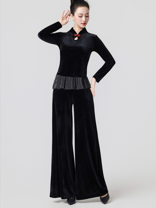 Βελούδινο κοστούμι τετράγωνου χορού για γυναίκες, μακριά μανίκια και παντελόνια, ενισχυμένος σχεδιασμός για το σχήμα σώματος, 90% πολυεστέρας με επένδυση βισκόζης