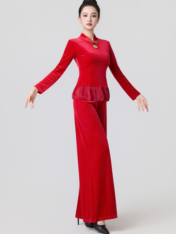 Βελούδινο κοστούμι τετράγωνου χορού για γυναίκες, μακριά μανίκια και παντελόνια, ενισχυμένος σχεδιασμός για το σχήμα σώματος, 90% πολυεστέρας με επένδυση βισκόζης