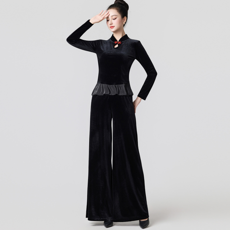 Βελούδινο κοστούμι τετράγωνου χορού για γυναίκες, μακριά μανίκια και παντελόνια, ενισχυμένος σχεδιασμός για το σχήμα σώματος, 90% πολυεστέρας με επένδυση βισκόζης