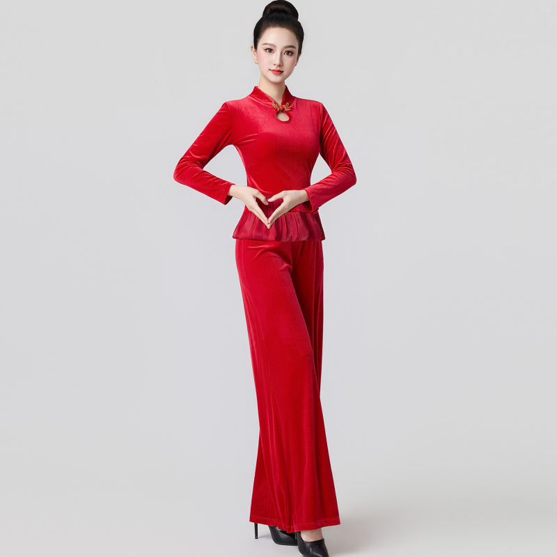 Βελούδινο κοστούμι τετράγωνου χορού για γυναίκες, μακριά μανίκια και παντελόνια, ενισχυμένος σχεδιασμός για το σχήμα σώματος, 90% πολυεστέρας με επένδυση βισκόζης