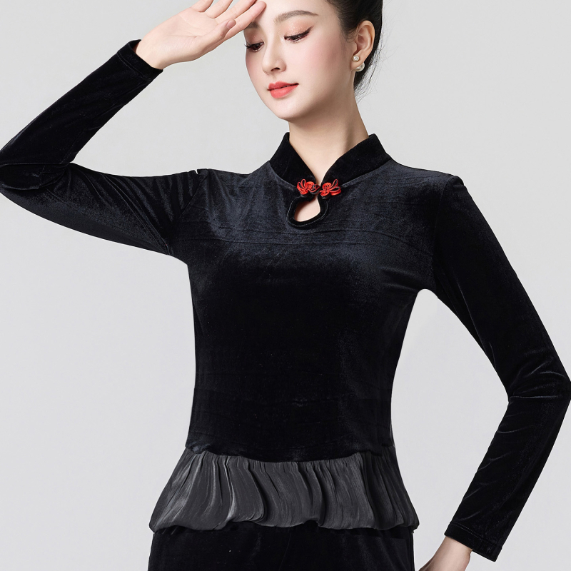 Βελούδινο κοστούμι τετράγωνου χορού για γυναίκες, μακριά μανίκια και παντελόνια, ενισχυμένος σχεδιασμός για το σχήμα σώματος, 90% πολυεστέρας με επένδυση βισκόζης