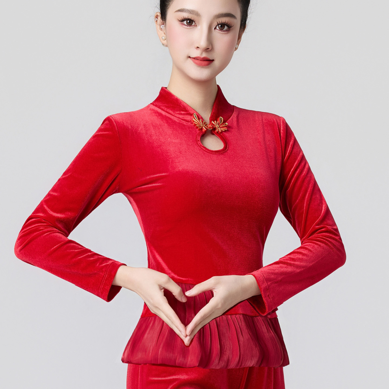 Βελούδινο κοστούμι τετράγωνου χορού για γυναίκες, μακριά μανίκια και παντελόνια, ενισχυμένος σχεδιασμός για το σχήμα σώματος, 90% πολυεστέρας με επένδυση βισκόζης