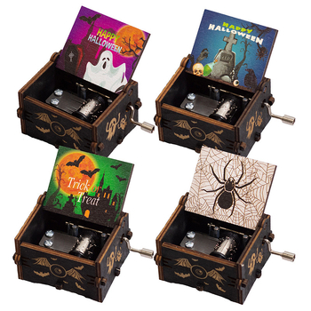 Drevená hudobná skrinka na Halloween s ručným pohonom, maľovaná rezbovaná tekvica dekorácia