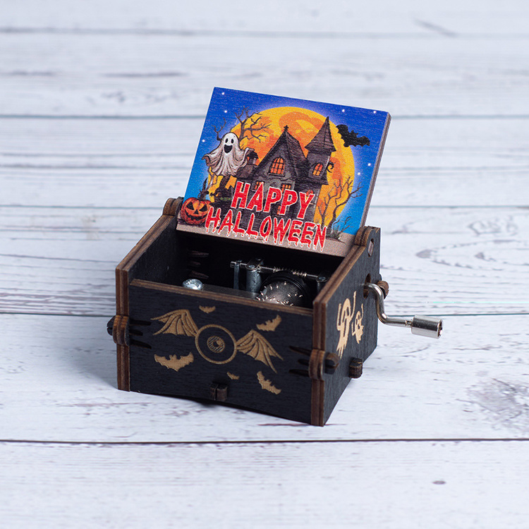 Drevená hudobná skrinka na Halloween s ručným pohonom, maľovaná rezbovaná tekvica dekorácia