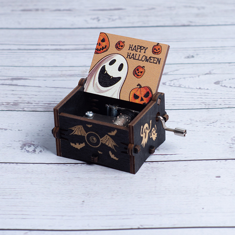 Drevená hudobná skrinka na Halloween s ručným pohonom, maľovaná rezbovaná tekvica dekorácia