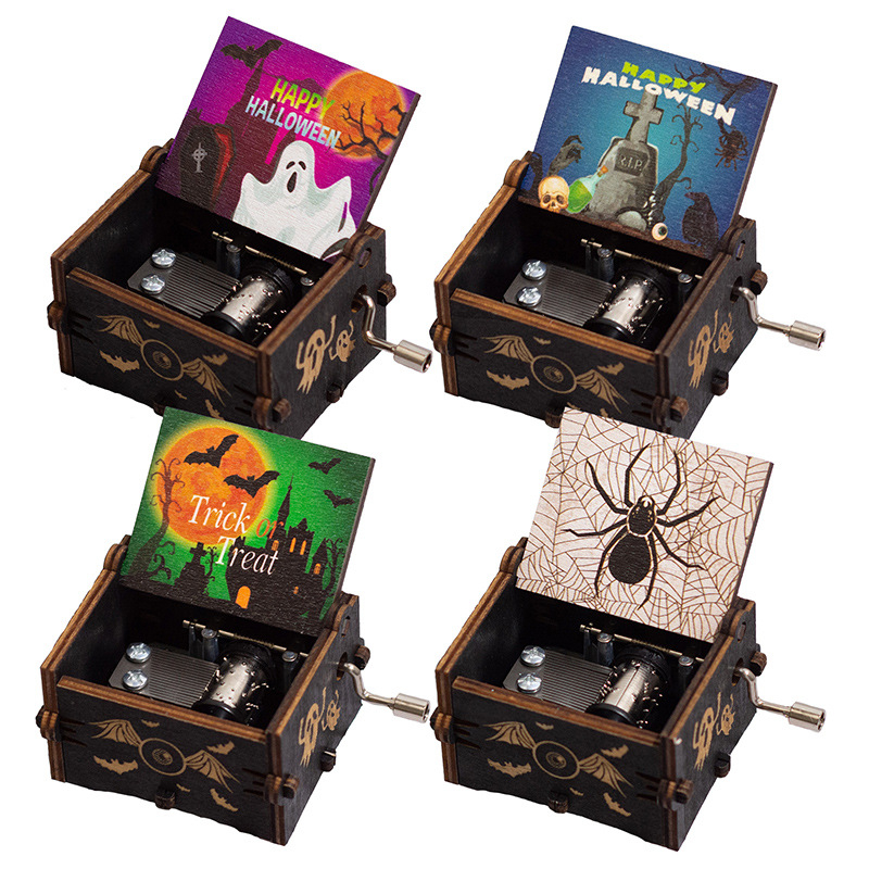 Drevená hudobná skrinka na Halloween s ručným pohonom, maľovaná rezbovaná tekvica dekorácia