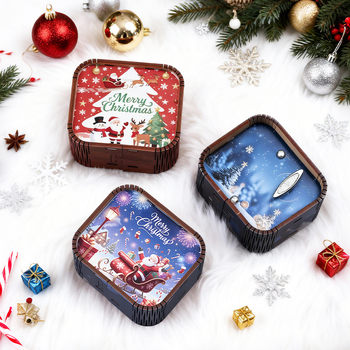 Drevená mini vianočná hudobná kazeta s mechanickým pohonom, štýl kreslený, tlač a UV tlač, možnosť potlače loga, prispôsobiteľný