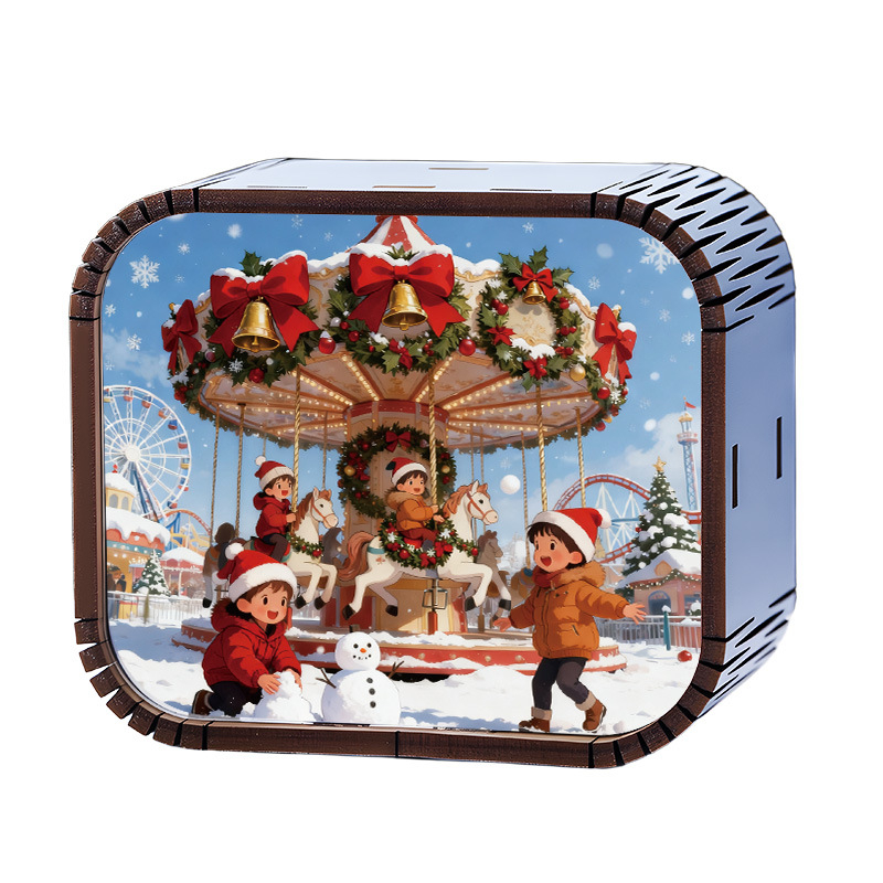 Drevená mini vianočná hudobná kazeta s mechanickým pohonom, štýl kreslený, tlač a UV tlač, možnosť potlače loga, prispôsobiteľný