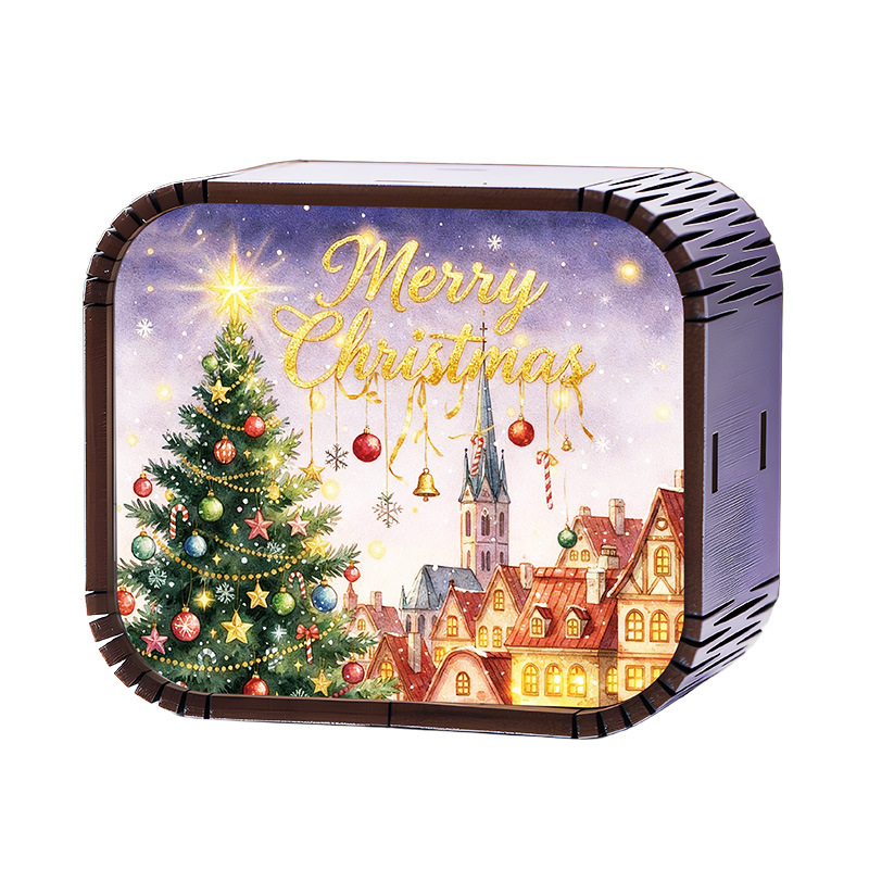 Drevená mini vianočná hudobná kazeta s mechanickým pohonom, štýl kreslený, tlač a UV tlač, možnosť potlače loga, prispôsobiteľný