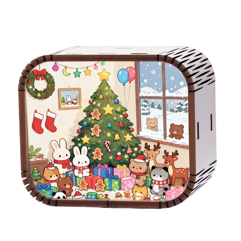 Drevená mini vianočná hudobná kazeta s mechanickým pohonom, štýl kreslený, tlač a UV tlač, možnosť potlače loga, prispôsobiteľný