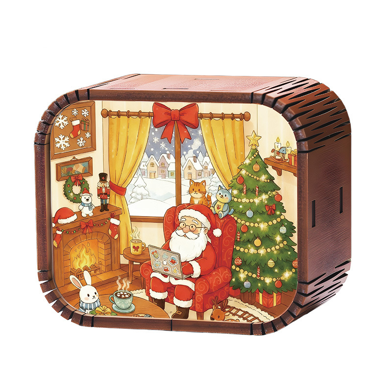 Drevená mini vianočná hudobná kazeta s mechanickým pohonom, štýl kreslený, tlač a UV tlač, možnosť potlače loga, prispôsobiteľný