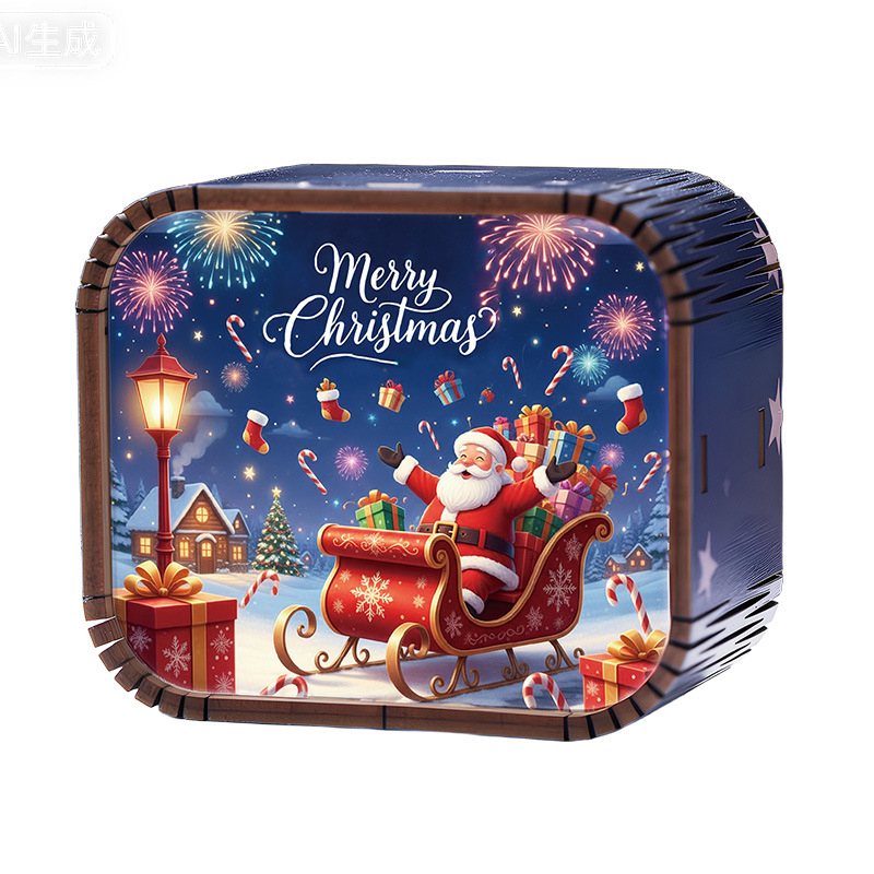 Drevená mini vianočná hudobná kazeta s mechanickým pohonom, štýl kreslený, tlač a UV tlač, možnosť potlače loga, prispôsobiteľný