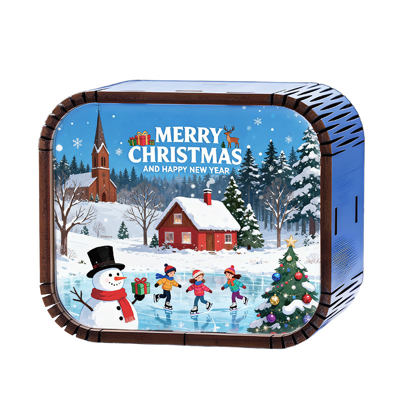 Drevená mini vianočná hudobná kazeta s mechanickým pohonom, štýl kreslený, tlač a UV tlač, možnosť potlače loga, prispôsobiteľný