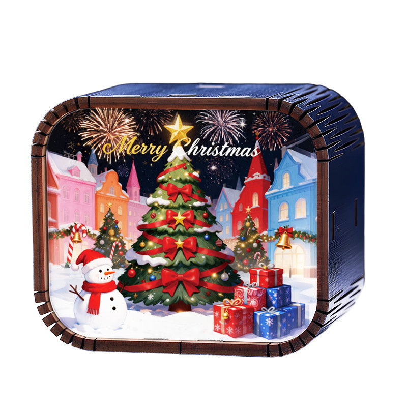 Drevená mini vianočná hudobná kazeta s mechanickým pohonom, štýl kreslený, tlač a UV tlač, možnosť potlače loga, prispôsobiteľný