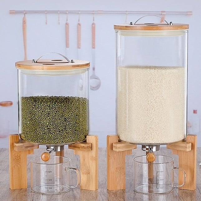 Δοχείο αποθήκευσης από γυαλί μποροσίλικατ με καπάκι από μπαμπού και στεγανού τύπου στόμιο για το χύσιμο, μοντέρνο μινιμαλιστικό στυλ, χωρητικότητα 5 L+