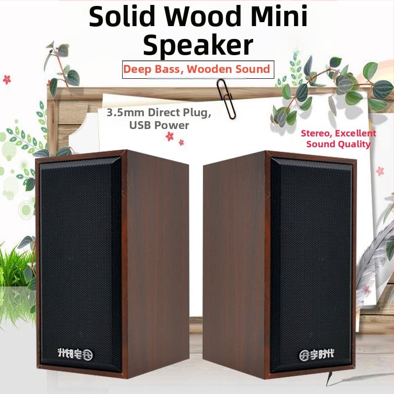 Lefei'er V-07 Drevený reproduktor – USB napájajúci mini stolný reproduktor so 2 reproduktormi, 3,5 mm vstup, 40 Hz-20 kHz, 3 W