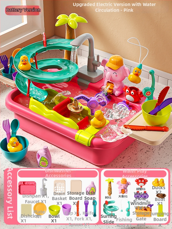 Παιδικό παιχνίδι πλυντηρίου πιάτων με ηλεκτρική παροχή νερού για φανταστικό παιχνίδι κουζίνας - μίνι νεροχύτης (Πλαστικό; διαστάσεις 43,5 × 12,5 × 34,5 cm; κατάλληλο για 4-6 ετών)