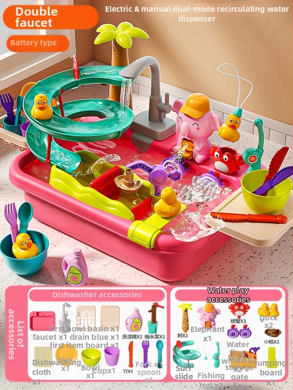 Παιδικό παιχνίδι πλυντηρίου πιάτων με ηλεκτρική παροχή νερού για φανταστικό παιχνίδι κουζίνας - μίνι νεροχύτης (Πλαστικό; διαστάσεις 43,5 × 12,5 × 34,5 cm; κατάλληλο για 4-6 ετών)