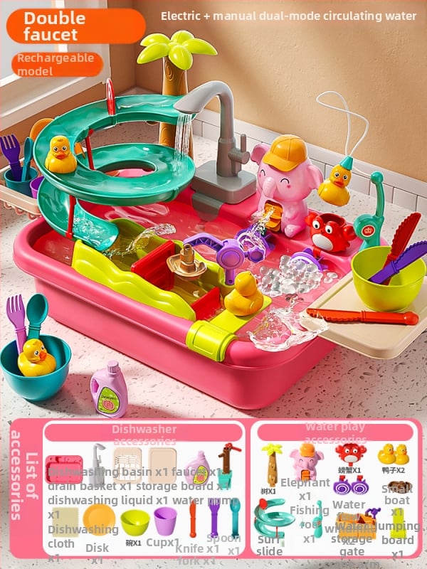 Παιδικό παιχνίδι πλυντηρίου πιάτων με ηλεκτρική παροχή νερού για φανταστικό παιχνίδι κουζίνας - μίνι νεροχύτης (Πλαστικό; διαστάσεις 43,5 × 12,5 × 34,5 cm; κατάλληλο για 4-6 ετών)