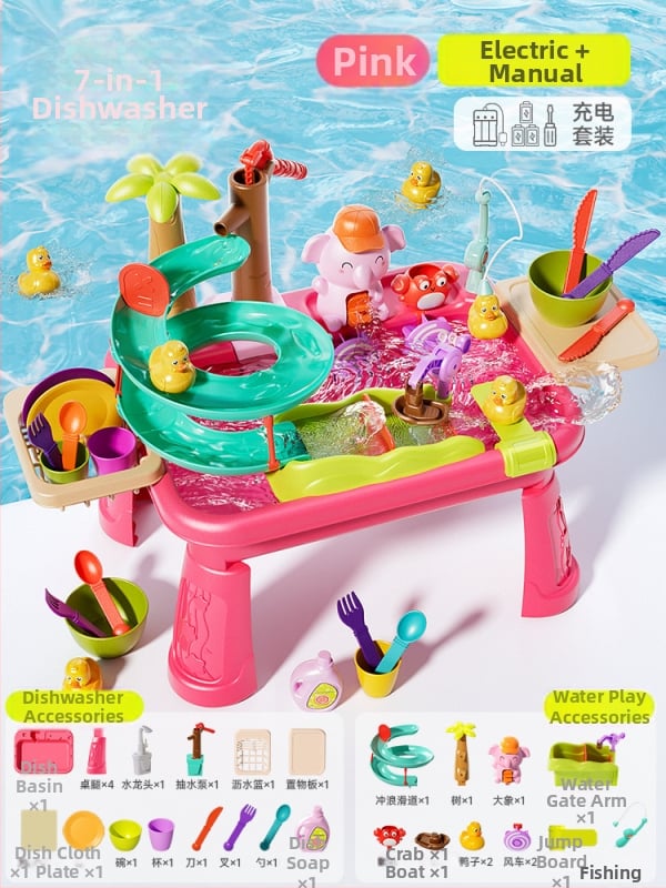 Παιδικό παιχνίδι πλυντηρίου πιάτων με ηλεκτρική παροχή νερού για φανταστικό παιχνίδι κουζίνας - μίνι νεροχύτης (Πλαστικό; διαστάσεις 43,5 × 12,5 × 34,5 cm; κατάλληλο για 4-6 ετών)