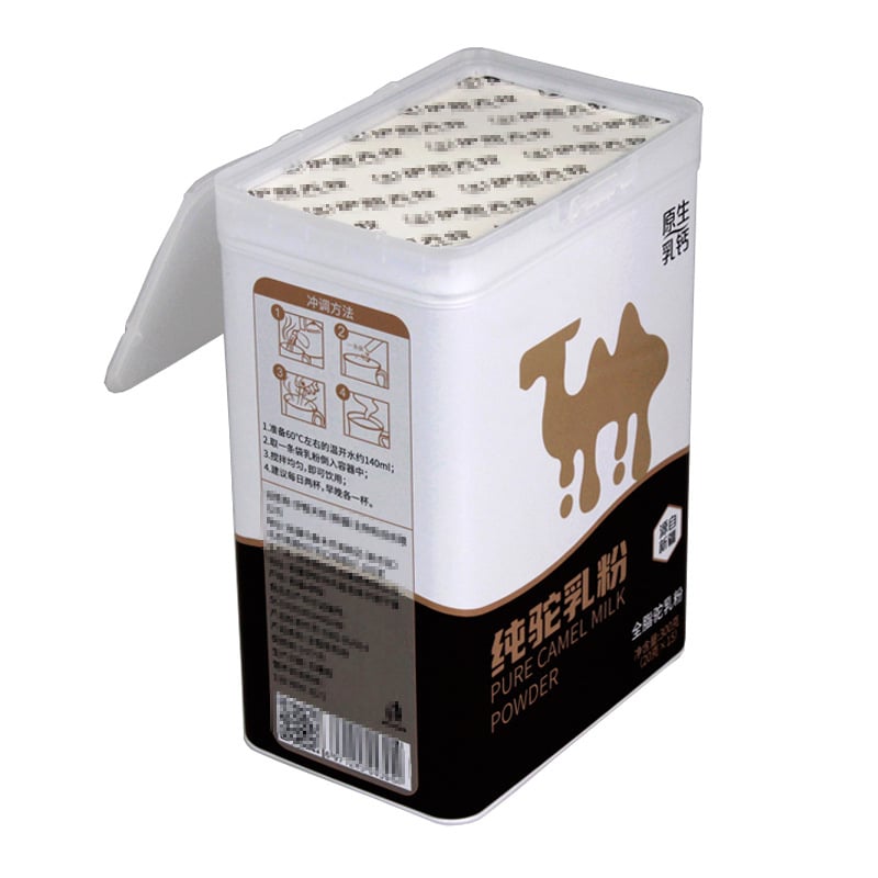 Tejpor konzervdoboz, négyzet alakú, ónlemez anyag, offset nyomtatás, modell Mc179, nettó tartalom 300 g