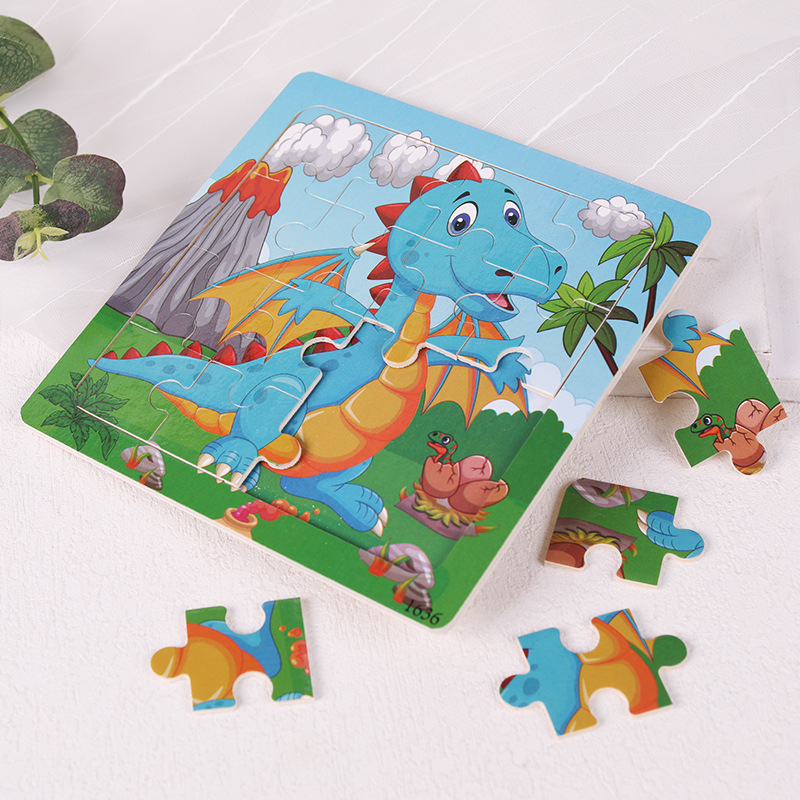 Drvena slagalica za djecu, 16 komada — životinje i dinosauri, ravna slagalica, za djecu 4-6 godina, DIY prilagodba prema crtežima, blister pakiranje